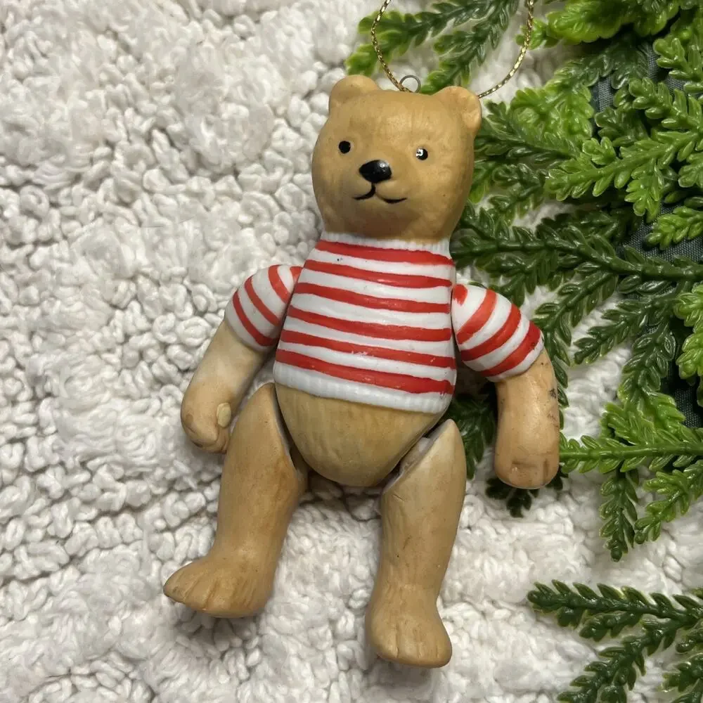 Vintage Jointed Ceramic Teddy Bear Ornament Striped Red White Preppy Nautical